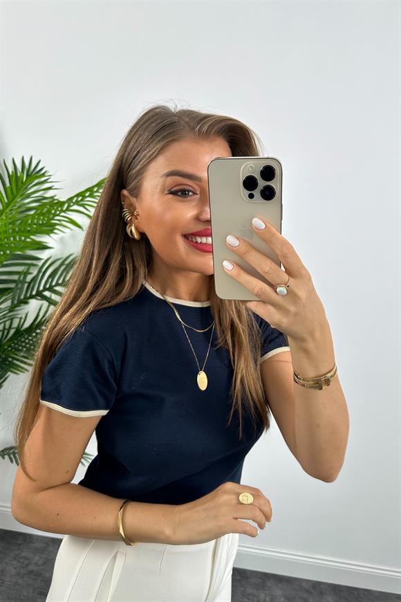 Massi Model %100 Pamuklu Biyeli Kısa Kol Basic Tshirt  Lacivert