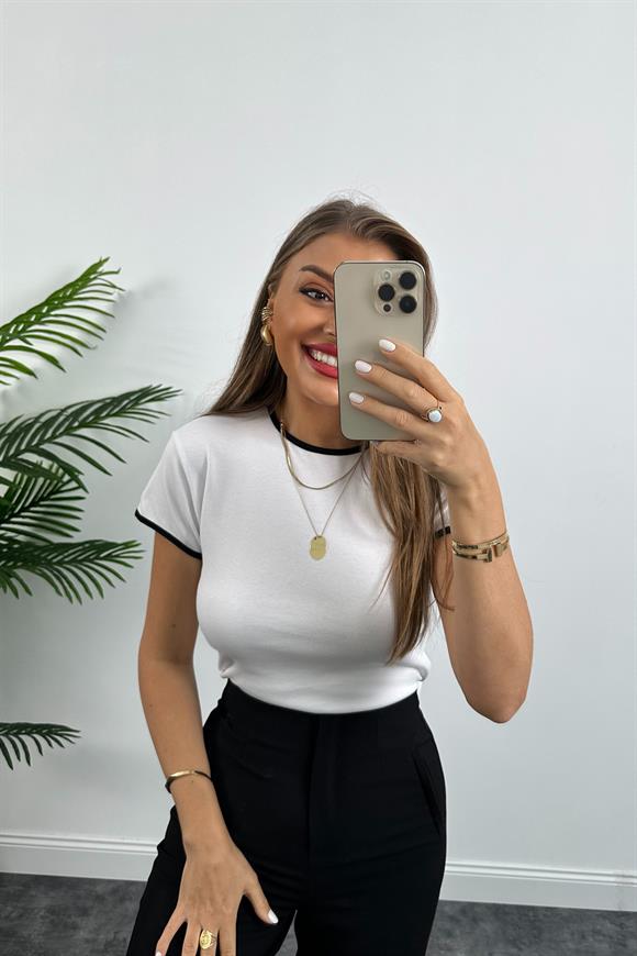Massi Model %100 Pamuklu Biyeli Kısa Kol Basic Tshirt  Beyaz