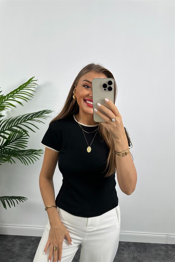 Massi Model %100 Pamuklu Biyeli Kısa Kol Basic Tshirt  Siyah
