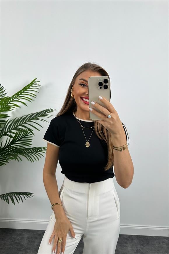 Massi Model %100 Pamuklu Biyeli Kısa Kol Basic Tshirt  Siyah