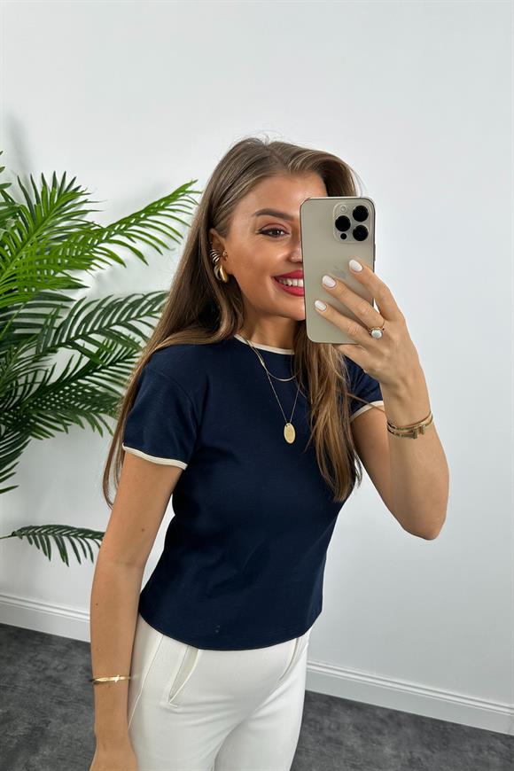 Massi Model %100 Pamuklu Biyeli Kısa Kol Basic Tshirt  Lacivert