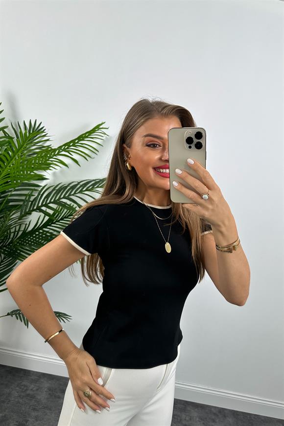 Massi Model %100 Pamuklu Biyeli Kısa Kol Basic Tshirt  Siyah