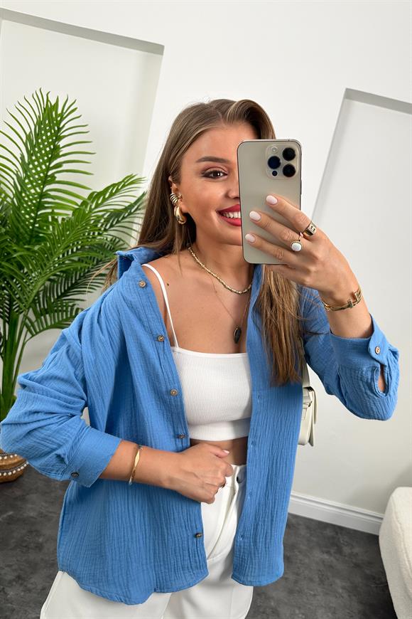 Massi Model Ahşap Düğmeli Müslin Gömlek İndigo Mavi