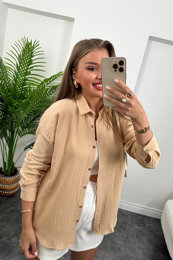 Massi Model Ahşap Düğmeli Müslin Gömlek Taş