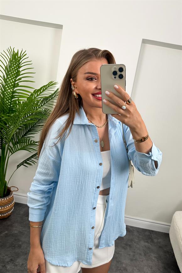 Massi Model Ahşap Düğmeli Müslin Gömlek Açık Mavi