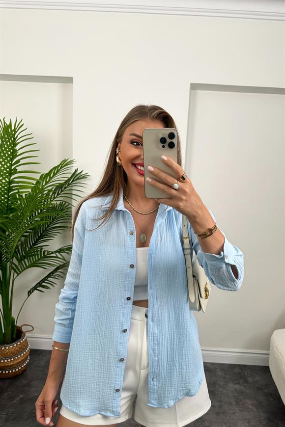 Massi Model Ahşap Düğmeli Müslin Gömlek Açık Mavi