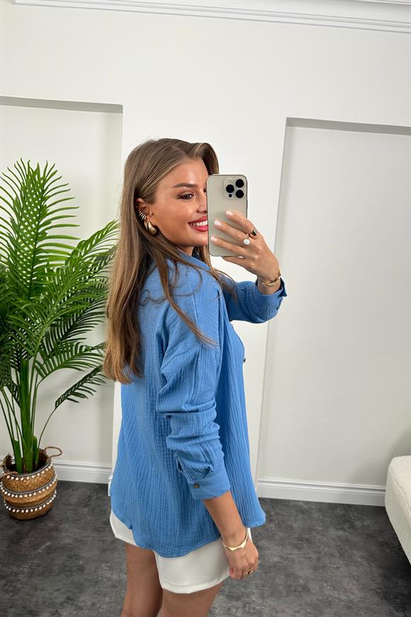 Massi Model Ahşap Düğmeli Müslin Gömlek İndigo Mavi