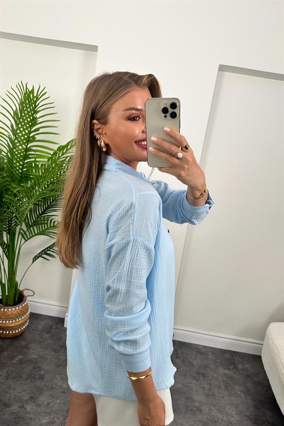 Massi Model Ahşap Düğmeli Müslin Gömlek Açık Mavi