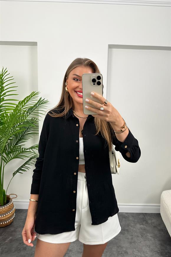 Massi Model Ahşap Düğmeli Müslin Gömlek Siyah