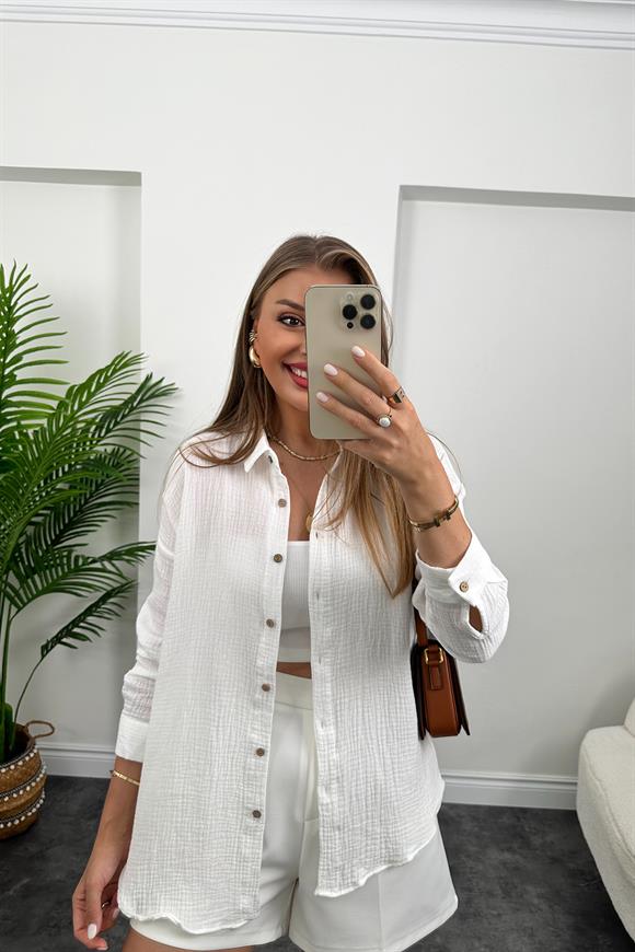 Massi Model Ahşap Düğmeli Müslin Gömlek Beyaz 