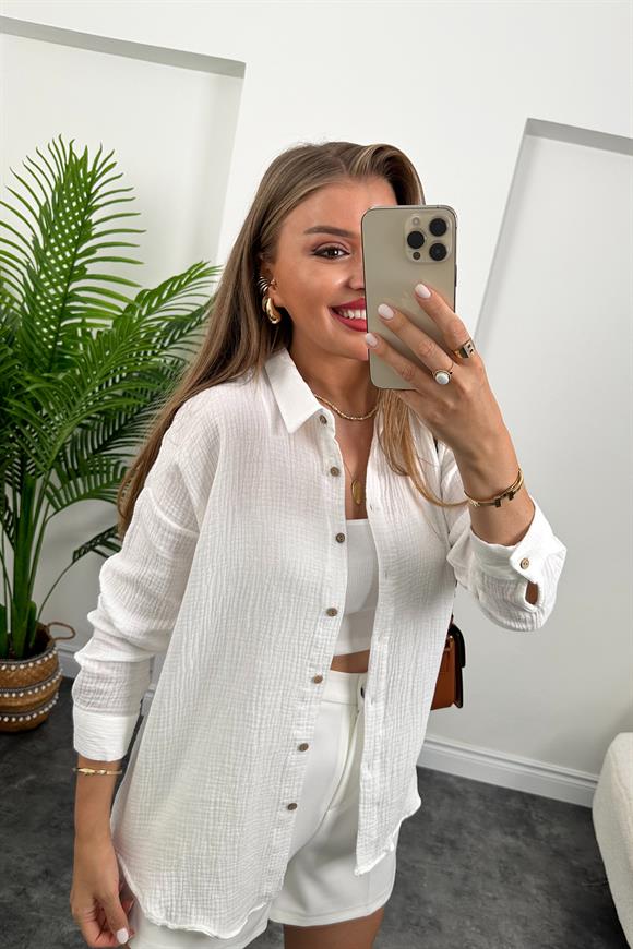 Massi Model Ahşap Düğmeli Müslin Gömlek Beyaz 