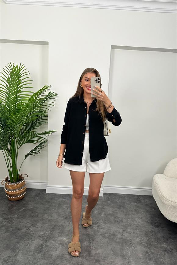 Massi Model Ahşap Düğmeli Müslin Gömlek Siyah