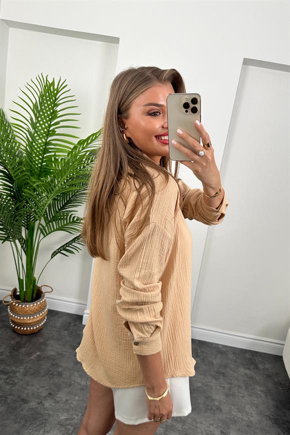 Massi Model Ahşap Düğmeli Müslin Gömlek Taş