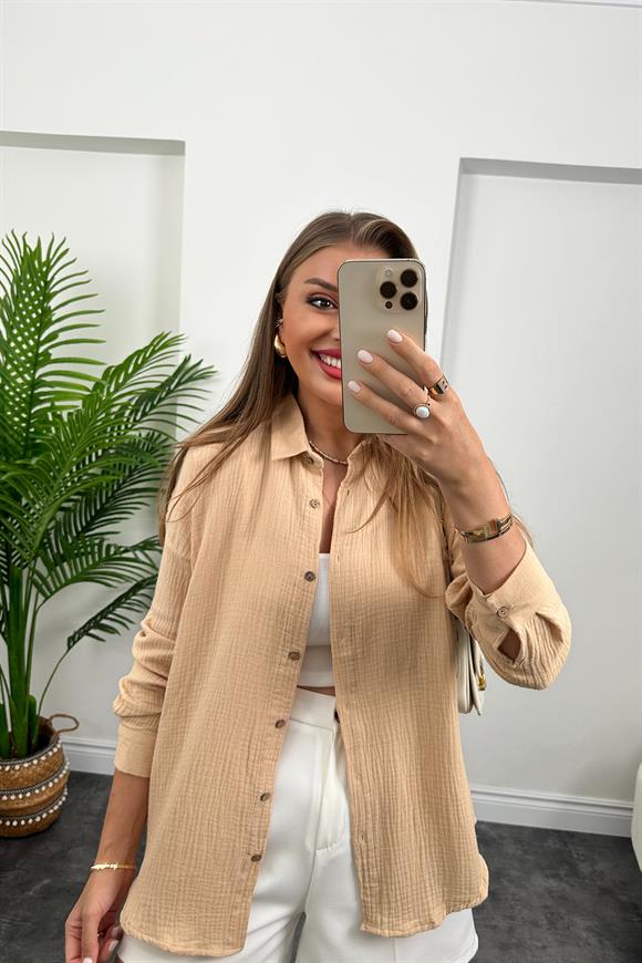 Massi Model Ahşap Düğmeli Müslin Gömlek Taş