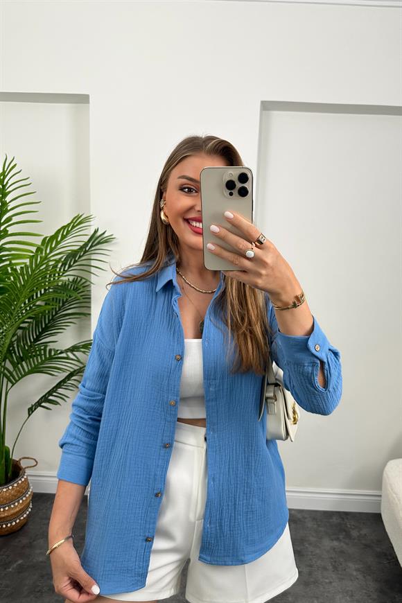 Massi Model Ahşap Düğmeli Müslin Gömlek İndigo Mavi