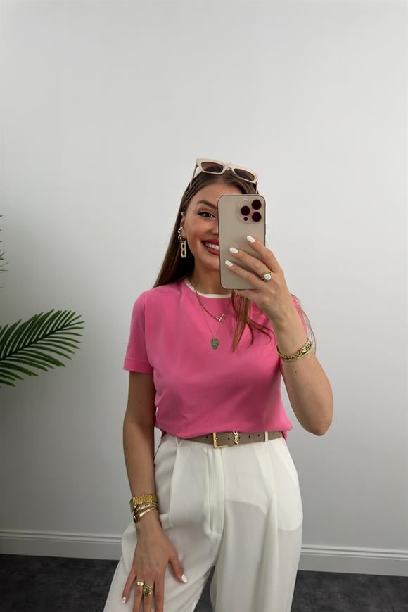 Massi Model Bisiklet Yaka Biyeli Detaylı Basic Tshirt Şeker Pembe