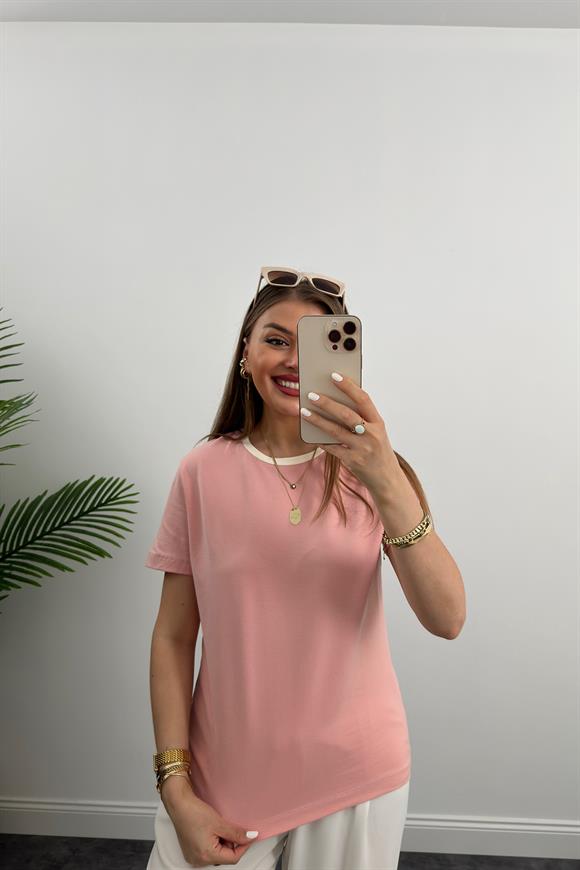 Massi Model Bisiklet Yaka Biyeli Detaylı Basic Tshirt Pastel Pembe