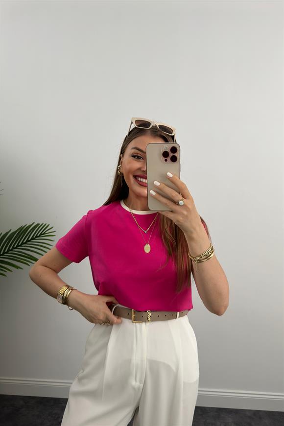 Massi Model Bisiklet Yaka Biyeli Detaylı Basic Tshirt Fuşya
