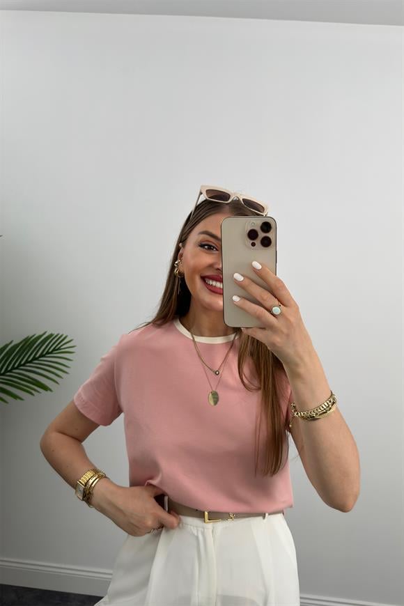 Massi Model Bisiklet Yaka Biyeli Detaylı Basic Tshirt Pastel Pembe