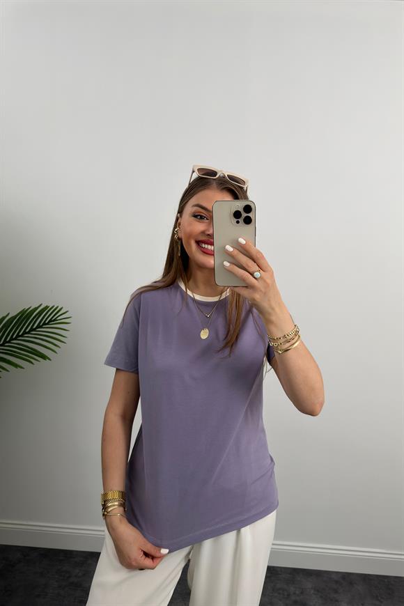 Massi Model Bisiklet Yaka Biyeli Detaylı Basic Tshirt Leylak