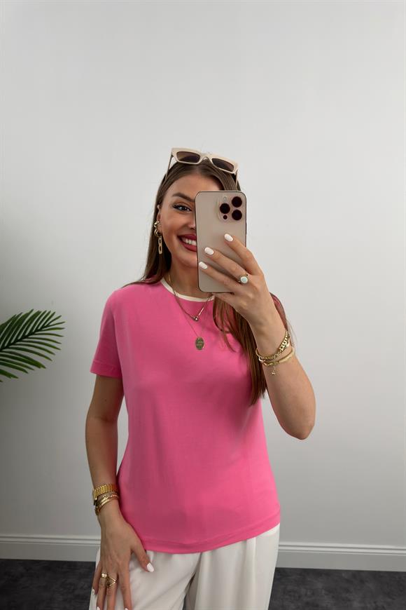 Massi Model Bisiklet Yaka Biyeli Detaylı Basic Tshirt Şeker Pembe
