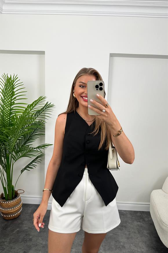 Massi Model İnce Keten Astarlı Yelek Siyah