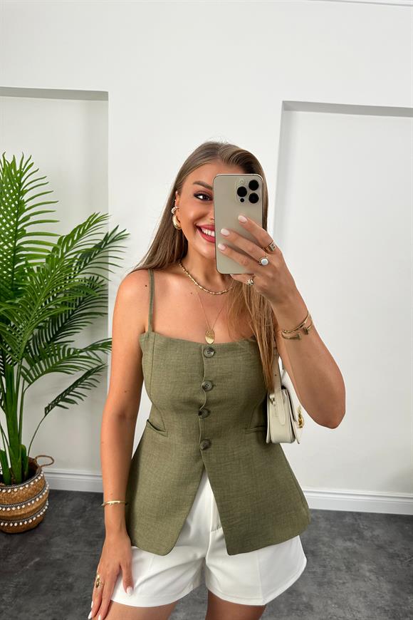 Massi Model Lüx Kalite İp Askılı Keten Yelek Haki Yeşil