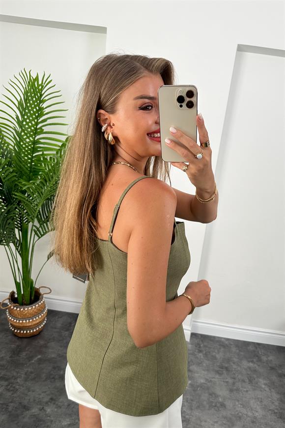 Massi Model Lüx Kalite İp Askılı Keten Yelek Haki Yeşil