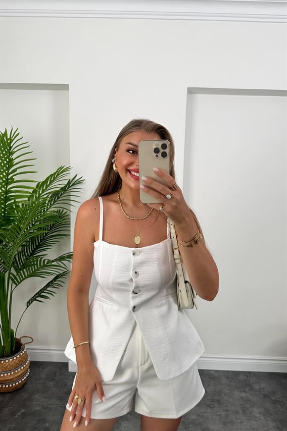 Massi Model Lüx Kalite İp Askılı Keten Yelek Beyaz 