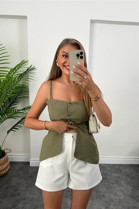 Massi Model Lüx Kalite İp Askılı Keten Yelek Haki Yeşil