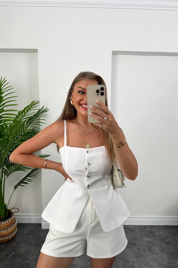 Massi Model Lüx Kalite İp Askılı Keten Yelek Beyaz 