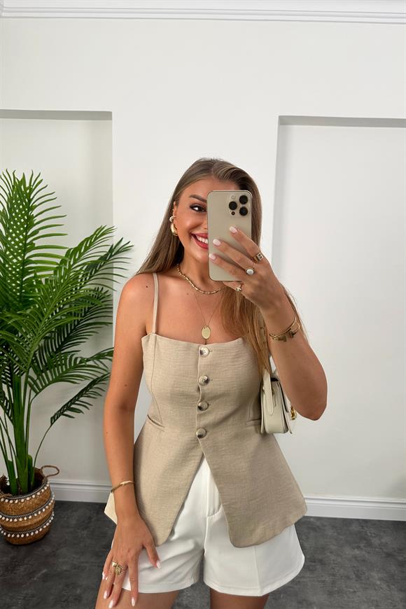 Massi Model Lüx Kalite İp Askılı Keten Yelek Taş