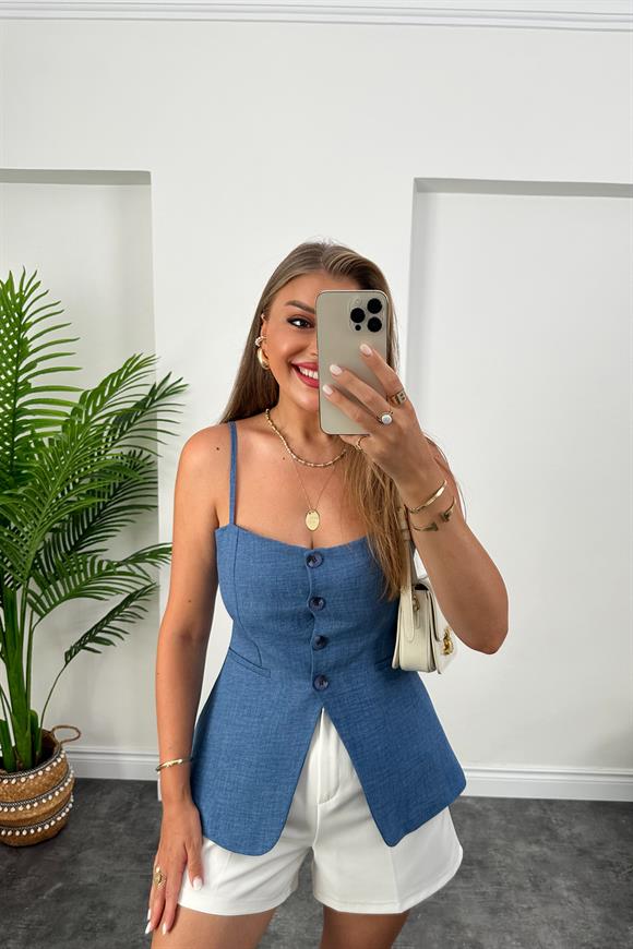 Massi Model Lüx Kalite İp Askılı Keten Yelek İndigo