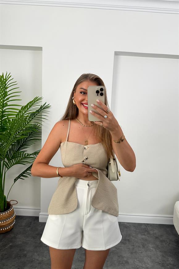 Massi Model Lüx Kalite İp Askılı Keten Yelek Taş