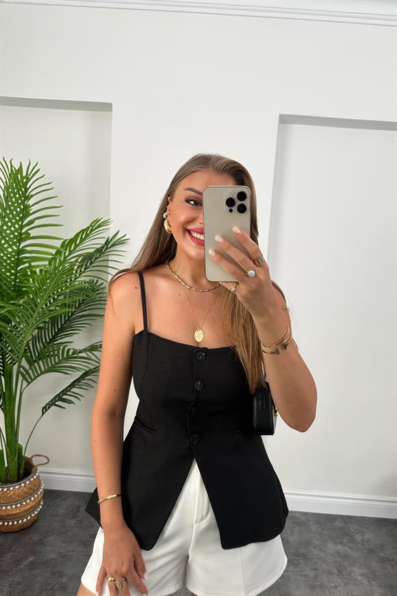 Massi Model Lüx Kalite İp Askılı Keten Yelek Siyah