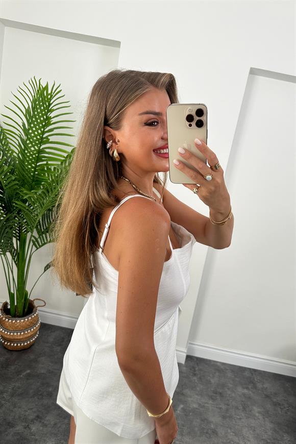 Massi Model Lüx Kalite İp Askılı Keten Yelek Beyaz 