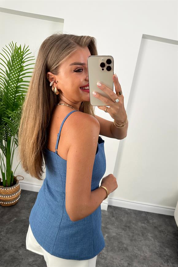 Massi Model Lüx Kalite İp Askılı Keten Yelek İndigo