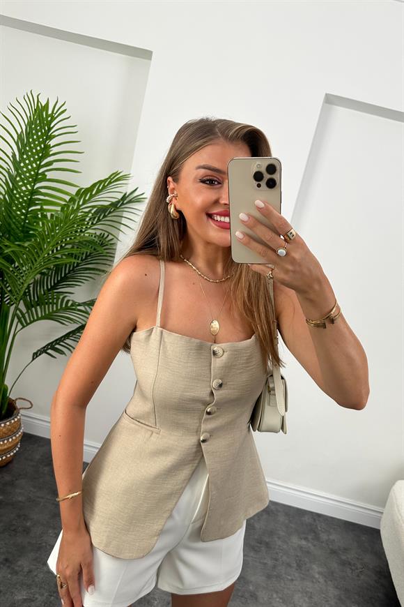 Massi Model Lüx Kalite İp Askılı Keten Yelek Taş