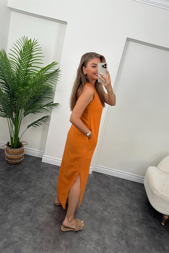 Massi Model Maxi Keten Elbise Oranj