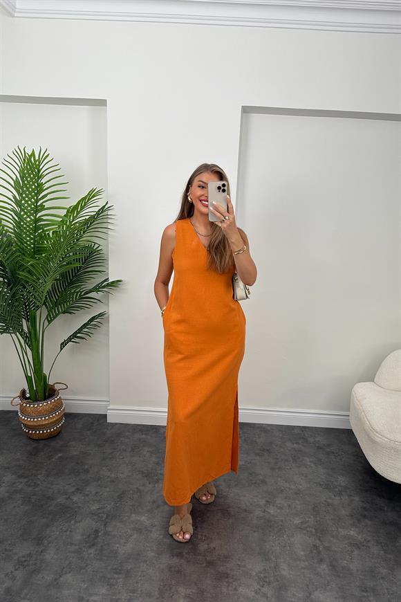 Massi Model Maxi Keten Elbise Oranj