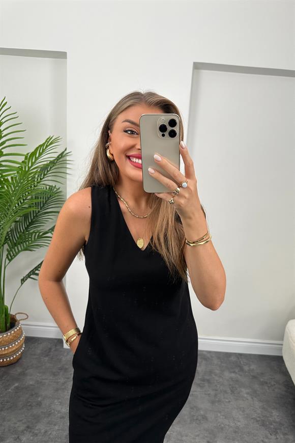 Massi Model Maxi Keten Elbise Siyah