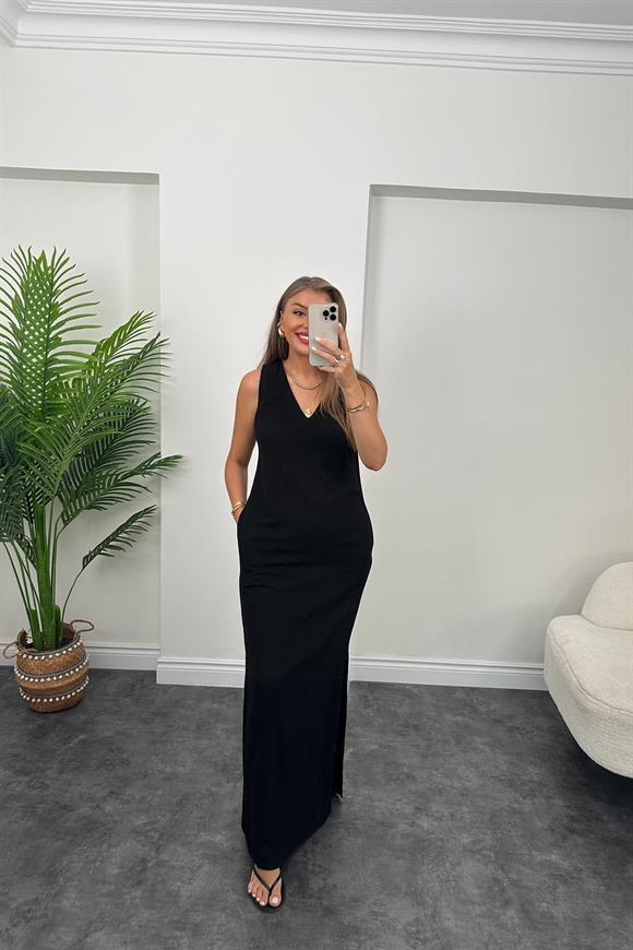 Massi Model Maxi Keten Elbise Siyah