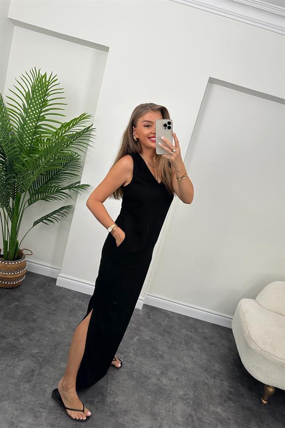 Massi Model Maxi Keten Elbise Siyah