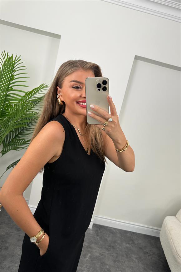 Massi Model Maxi Keten Elbise Siyah