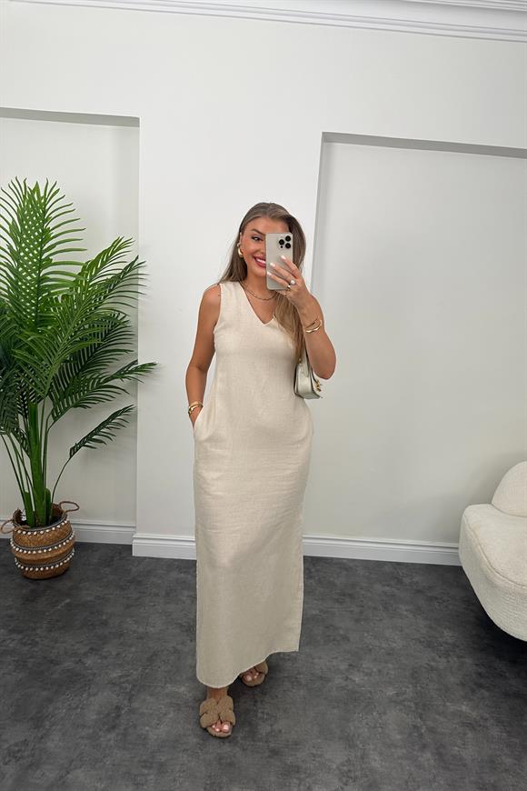 Massi Model Maxi Keten Elbise Taş