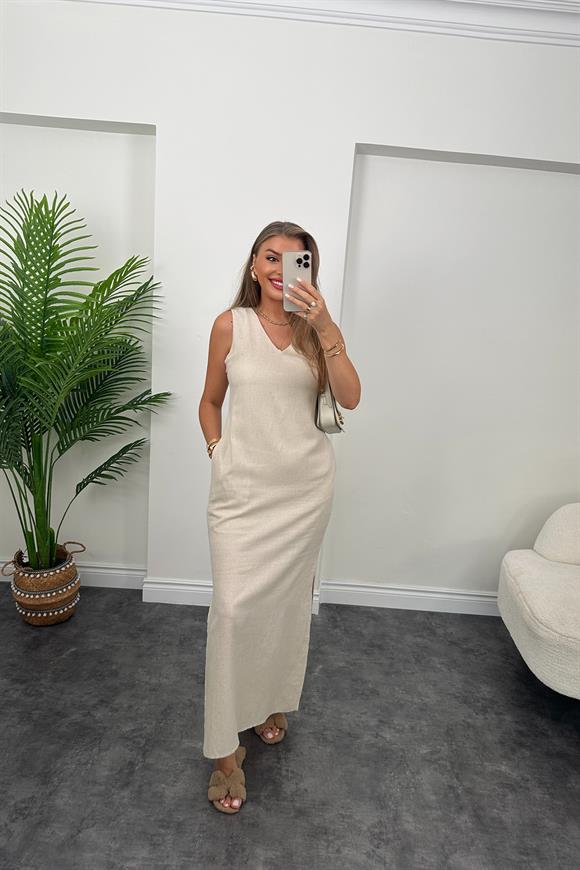Massi Model Maxi Keten Elbise Taş