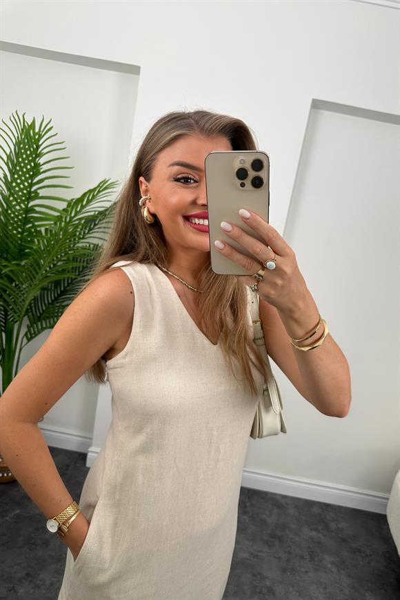 Massi Model Maxi Keten Elbise Taş