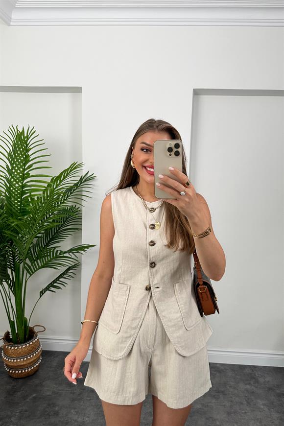 Massi Model Naturel Kumaş Pamuk Keten Yelek Şort Takım