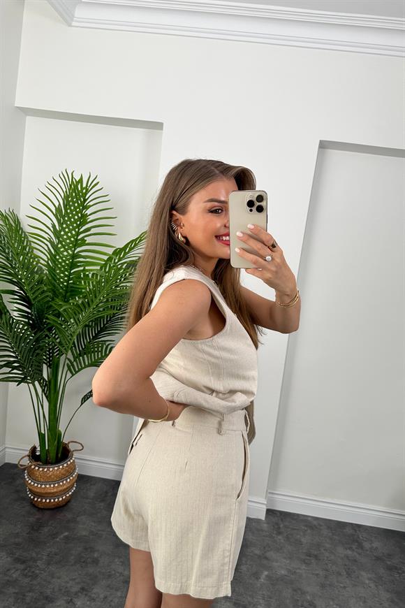 Massi Model Naturel Kumaş Pamuk Keten Yelek Şort Takım