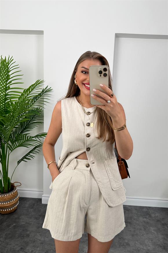 Massi Model Naturel Kumaş Pamuk Keten Yelek Şort Takım